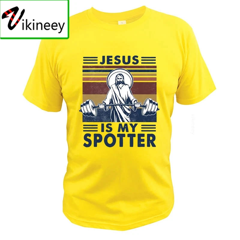 Jesus Is My Spotter T Shirt Gym Workout Weightlifting God Christian Vintage Funny 100% Cotton Summer Clothing