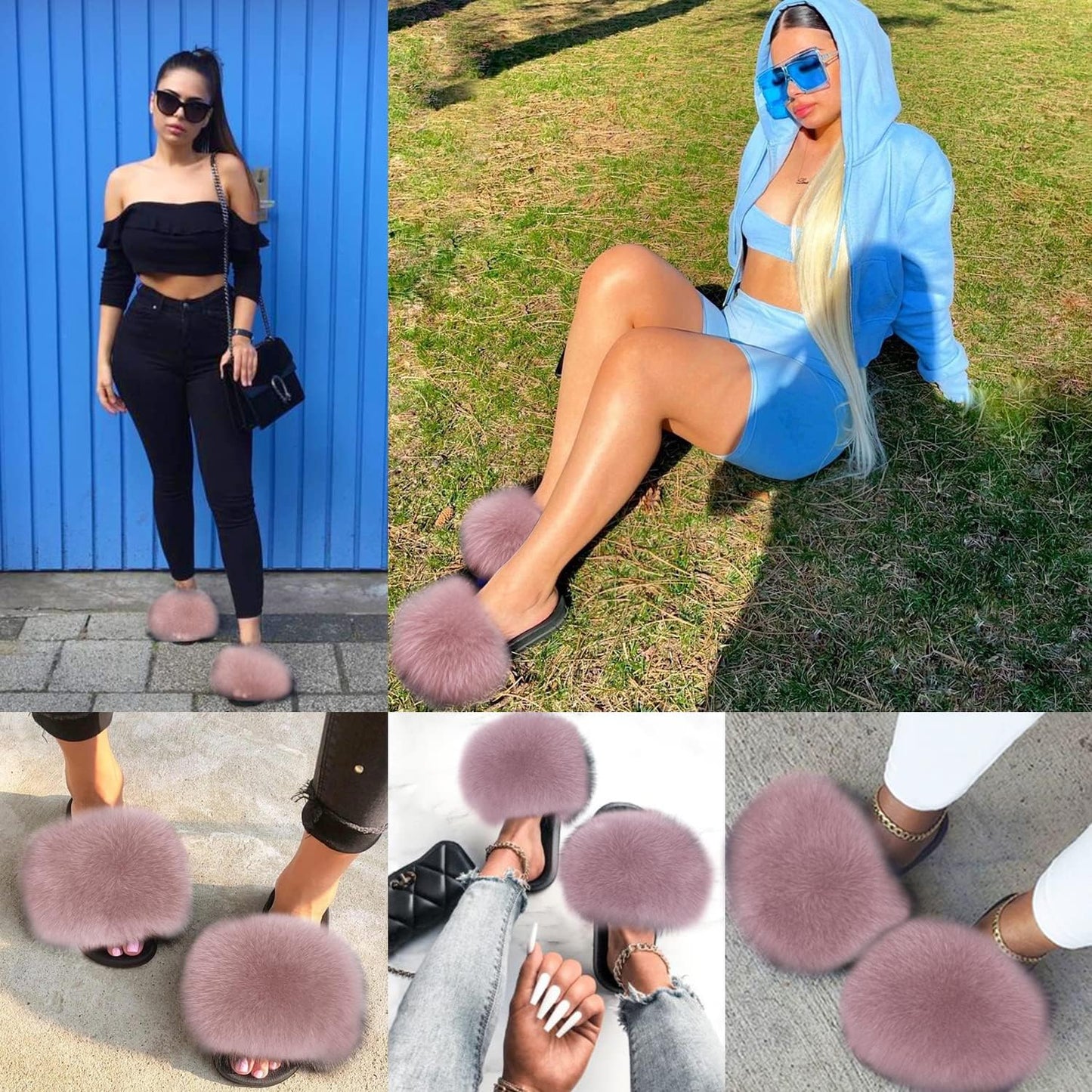 Jancoco Max Real Fox Fur Slides for Women - Fluffy Fur Slippers Open Toe Flat Sandals for Outdoor