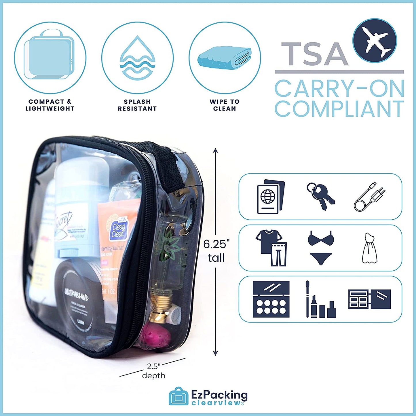 Ezpacking Clear TSA Approved 3-1-1 Travel Toiletry Bag for Carry On/Quart Size Transparent Liquids Pouch for Airport Security/Reusable See through Vinyl & PVC Plastic Organizer Men Women (Pink)