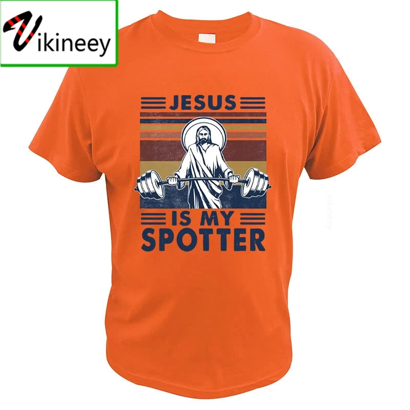Jesus Is My Spotter T Shirt Gym Workout Weightlifting God Christian Vintage Funny 100% Cotton Summer Clothing