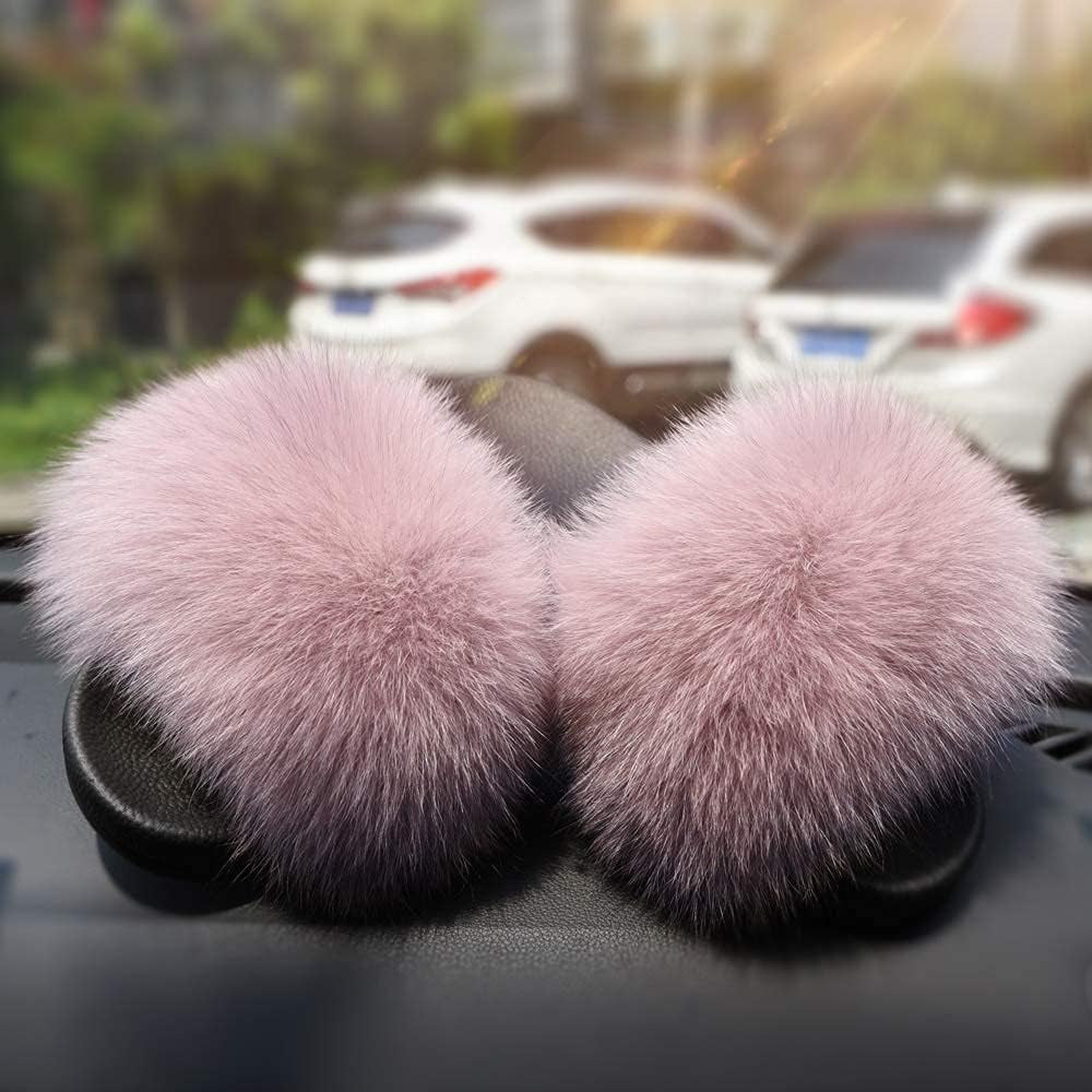 Jancoco Max Real Fox Fur Slides for Women - Fluffy Fur Slippers Open Toe Flat Sandals for Outdoor