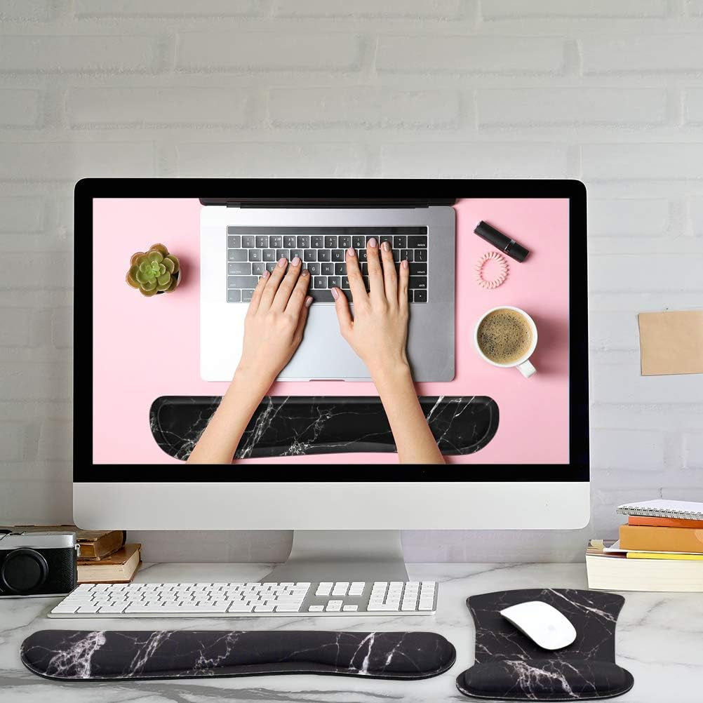 Ergonomic Mouse Pad with Wrist Rest Support and Keyboard Wrist Rest Set with Coaster, Cute Wrist Pad with Non-Slip Rubber Base and Raised Memory Foam, Easy Typing & Pain Relief, Black White Marble