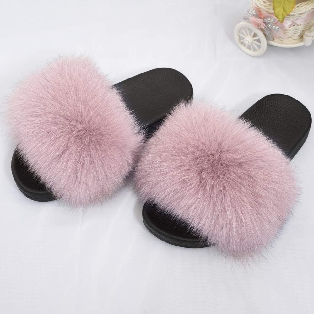Jancoco Max Real Fox Fur Slides for Women - Fluffy Fur Slippers Open Toe Flat Sandals for Outdoor