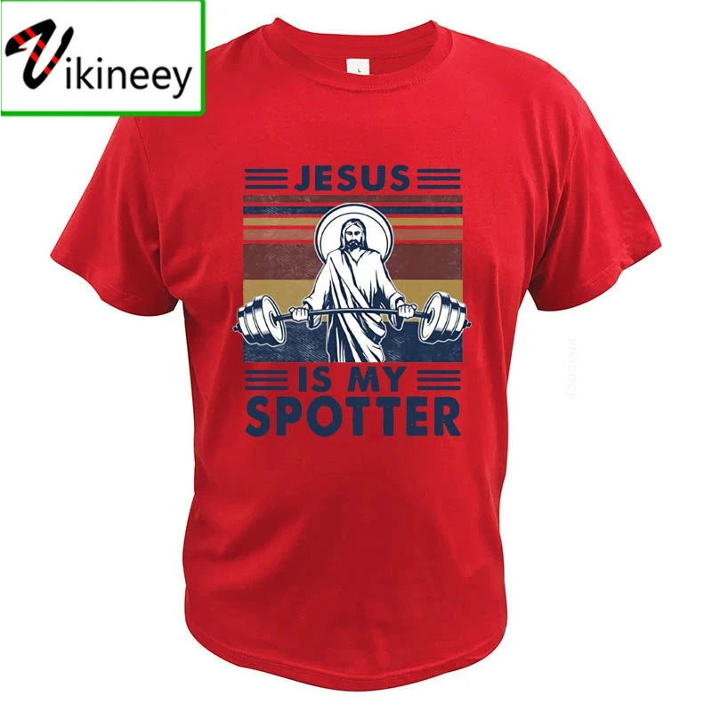 Jesus Is My Spotter T Shirt Gym Workout Weightlifting God Christian Vintage Funny 100% Cotton Summer Clothing