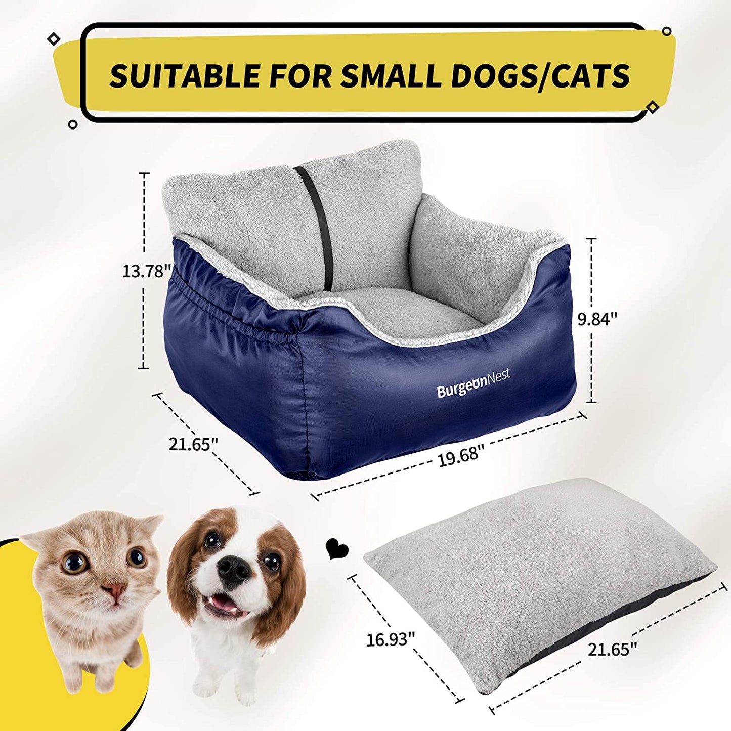 Burgeonnest Dog Car Seat for Small Dogs, Fully Detachable and Washable Cat Carseats under 25 Lbs, Soft Pet Booster Seats with Storage Pockets and Clip-On Leash Portable Car Travel Carrier Bed, Blue