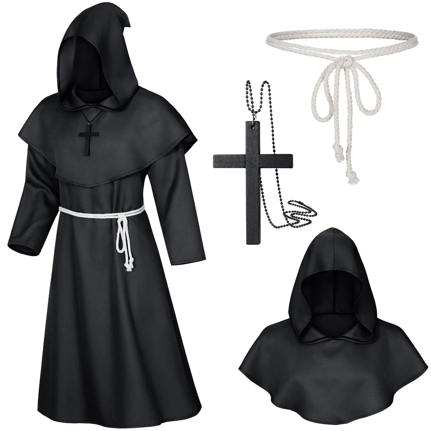 Halloween Wizard Costume Cosplay Medieval Hooded Robe Monk Friar Robes Priest Costume Ancient Costume Clothing Christian Suit
