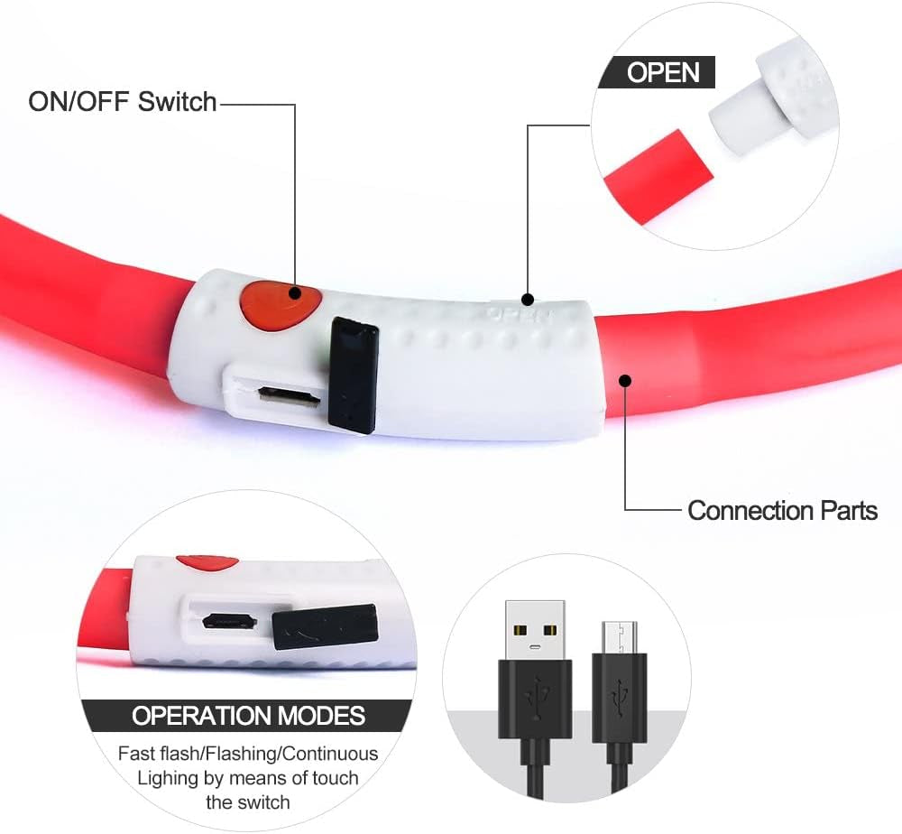 Illumifun Led Dog Collar, USB Rechargeable LED Dog Necklace Light, Silicone Light up Dog Collars Glow in the Dark (Red-Silicone)