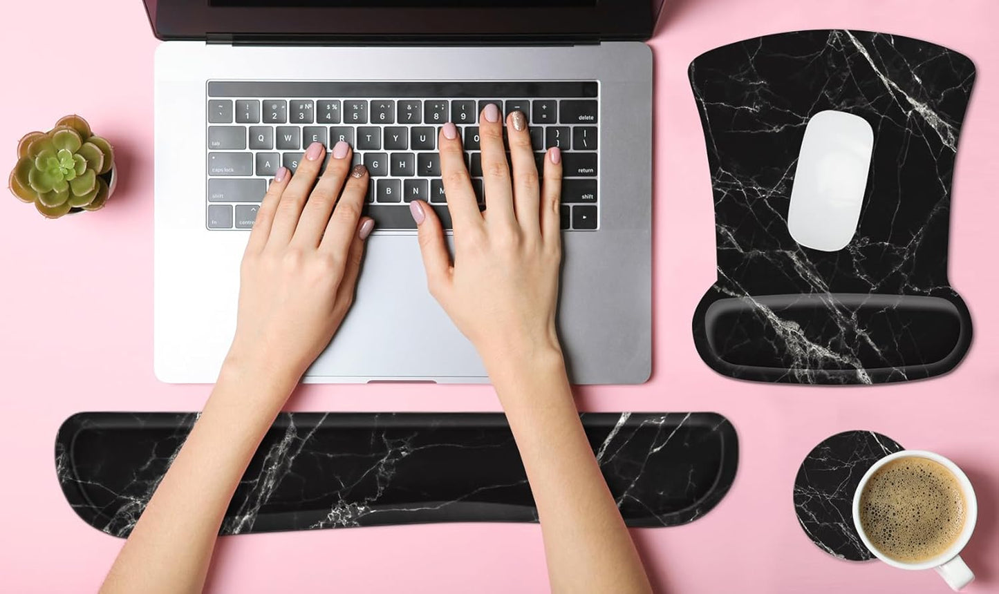 Ergonomic Mouse Pad with Wrist Rest Support and Keyboard Wrist Rest Set with Coaster, Cute Wrist Pad with Non-Slip Rubber Base and Raised Memory Foam, Easy Typing & Pain Relief, Black White Marble