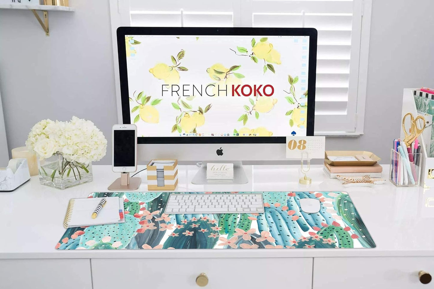 French Koko Large Mouse Pad Long Desk Mat Keyboard Pad Desktop Accessories Home School College Decor Supplies Pretty Extended Mousepad Big Office Essentials Women Girls XL Plant Pink Green Cute Cactus