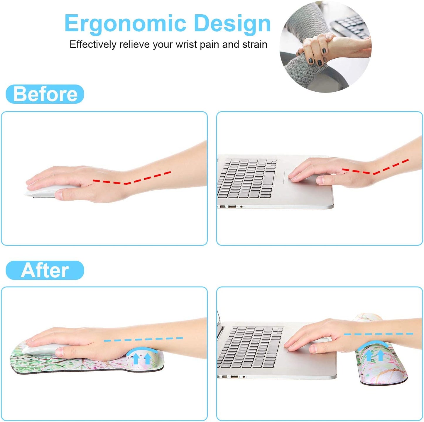Ergonomic Mouse Pad with Wrist Rest Support and Keyboard Wrist Rest Set with Coaster, Cute Wrist Pad with Non-Slip Rubber Base and Raised Memory Foam, Easy Typing & Pain Relief, Black White Marble
