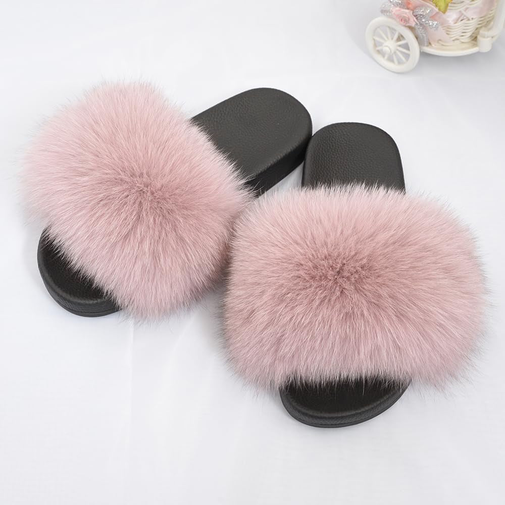 Jancoco Max Real Fox Fur Slides for Women - Fluffy Fur Slippers Open Toe Flat Sandals for Outdoor