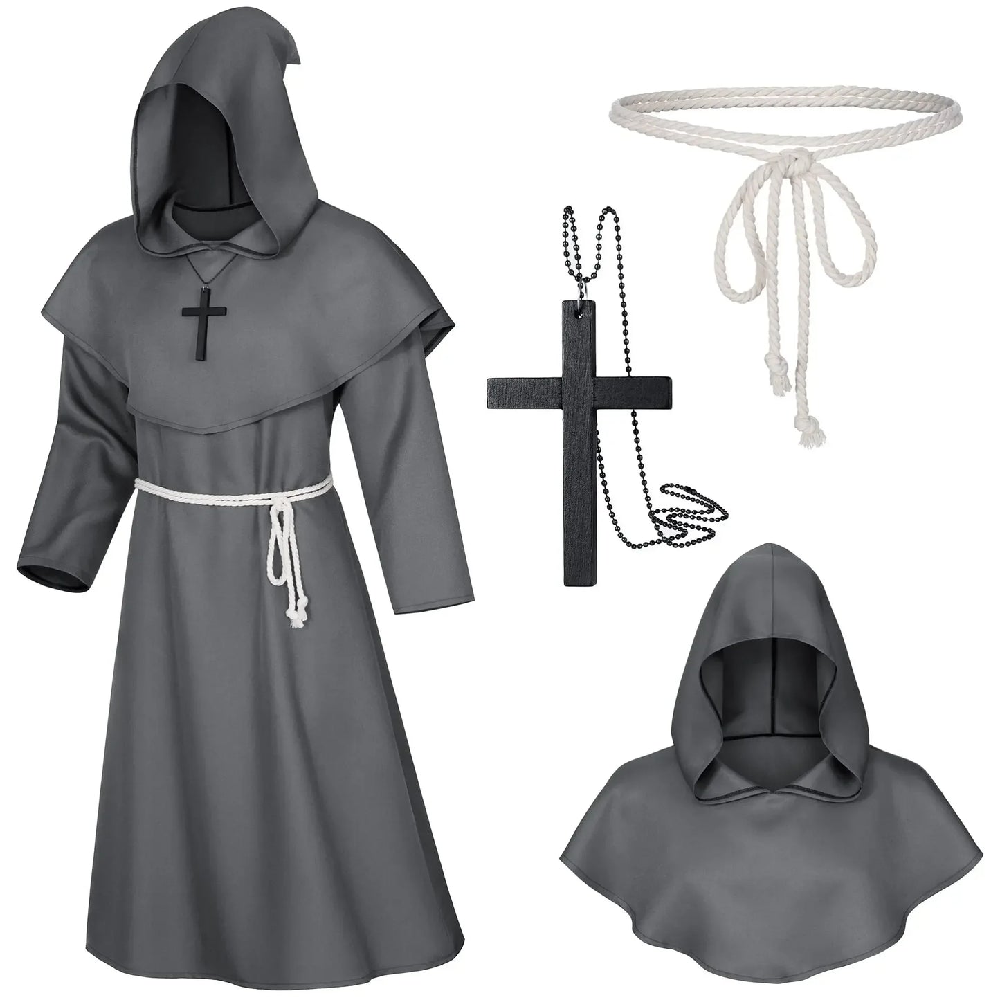 Halloween Wizard Costume Cosplay Medieval Hooded Robe Monk Friar Robes Priest Costume Ancient Costume Clothing Christian Suit