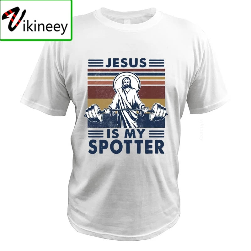 Jesus Is My Spotter T Shirt Gym Workout Weightlifting God Christian Vintage Funny 100% Cotton Summer Clothing