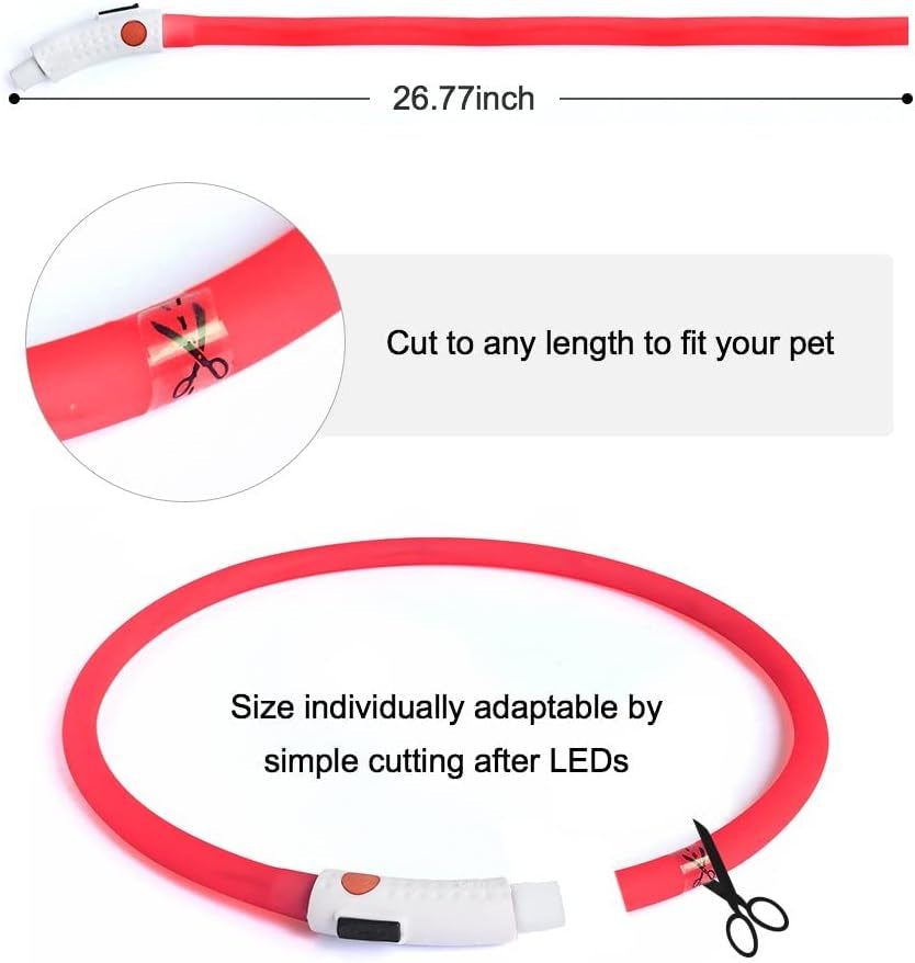 Illumifun Led Dog Collar, USB Rechargeable LED Dog Necklace Light, Silicone Light up Dog Collars Glow in the Dark (Red-Silicone)