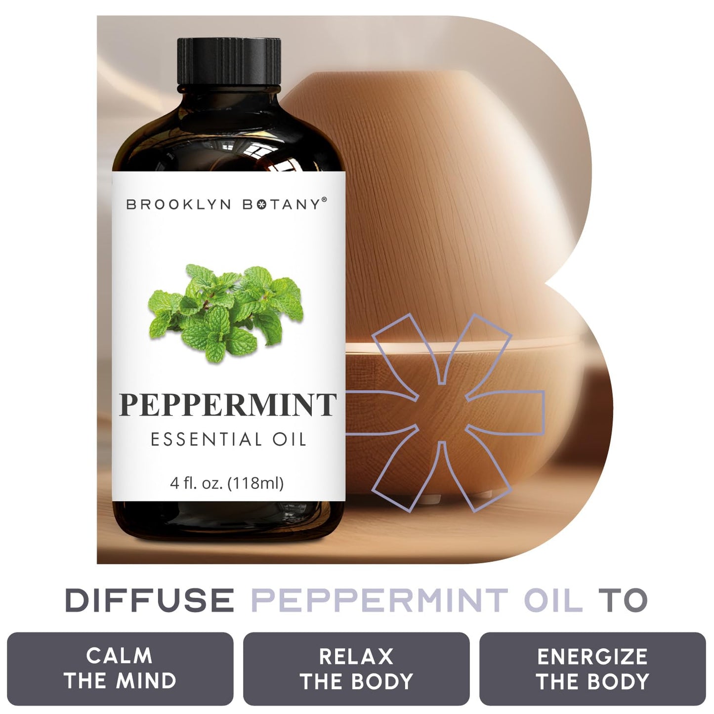 Brooklyn Botany Peppermint Essential Oil - Huge 4 Fl Oz - 100% Pure and Natural - Premium Grade with Dropper - for Aromatherapy and Diffuser
