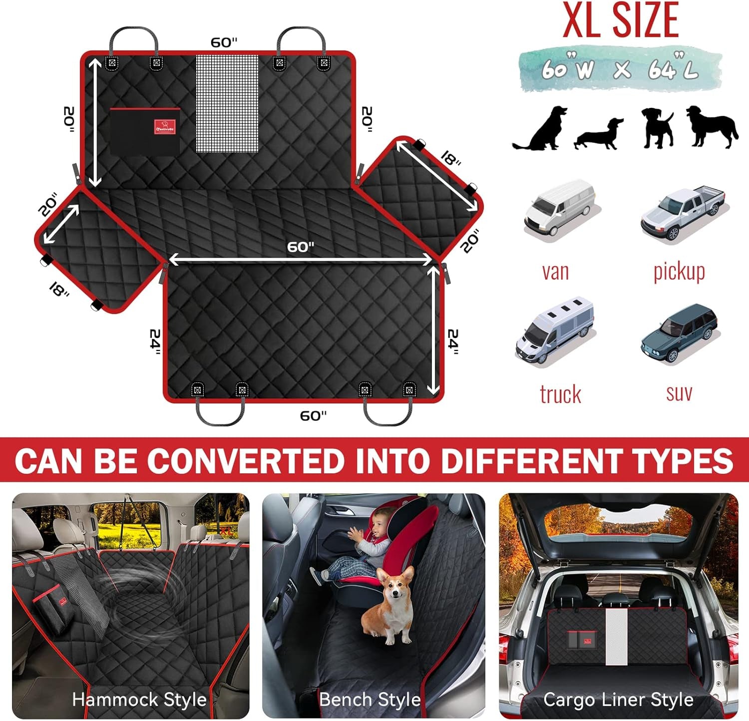 Tantivybo X-Large Dog Car Seat Cover - 100% Waterproof Back Seat Covers for Dogs, Suvs, Red (60''W X 64''L)