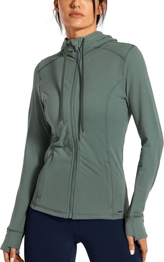 CRZ YOGA Women'S Brushed Full Zip Hoodie Jacket Sportswear Hooded Workout Track Running Jacket with Zip Pockets