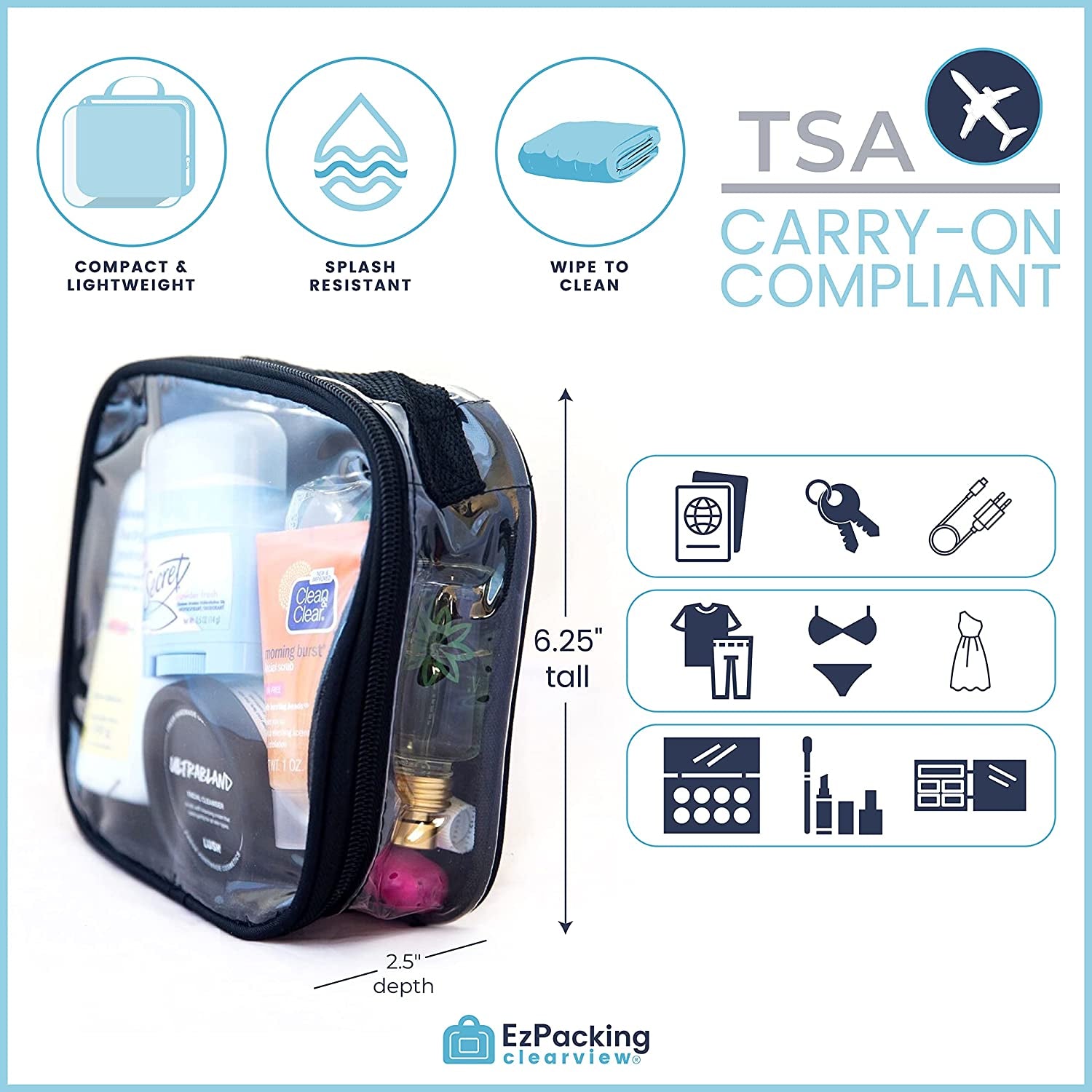 Ezpacking Clear TSA Approved 3-1-1 Travel Toiletry Bag for Carry On/Quart Size Transparent Liquids Pouch for Airport Security/Reusable See through Vinyl & PVC Plastic Organizer Men Women (Pink)