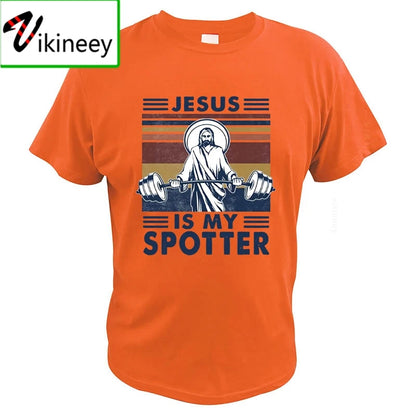 Jesus Is My Spotter T Shirt Gym Workout Weightlifting God Christian Vintage Funny 100% Cotton Summer Clothing