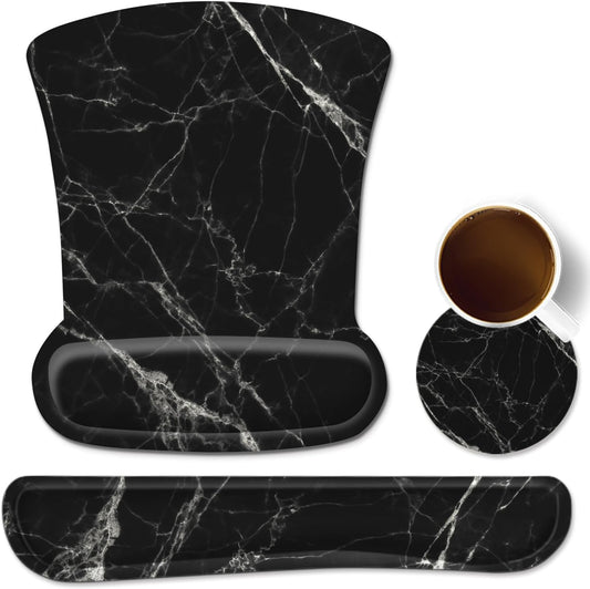 Ergonomic Mouse Pad with Wrist Rest Support and Keyboard Wrist Rest Set with Coaster, Cute Wrist Pad with Non-Slip Rubber Base and Raised Memory Foam, Easy Typing & Pain Relief, Black White Marble