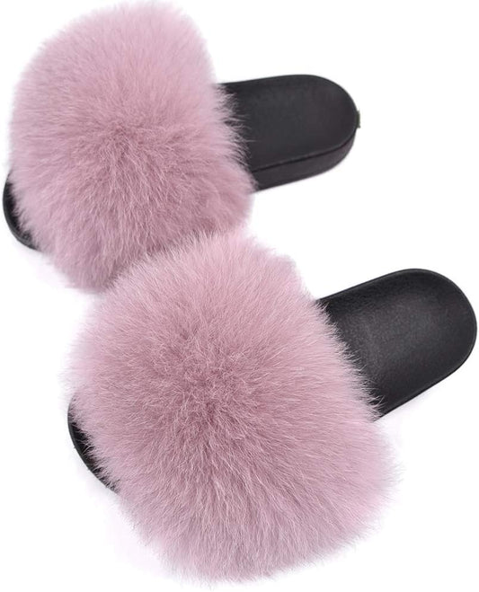 Jancoco Max Real Fox Fur Slides for Women - Fluffy Fur Slippers Open Toe Flat Sandals for Outdoor