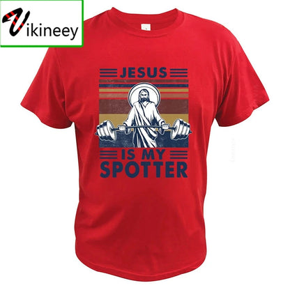 Jesus Is My Spotter T Shirt Gym Workout Weightlifting God Christian Vintage Funny 100% Cotton Summer Clothing