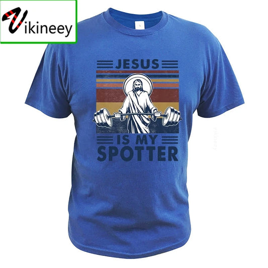 Jesus Is My Spotter T Shirt Gym Workout Weightlifting God Christian Vintage Funny 100% Cotton Summer Clothing