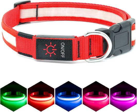Vizpet LED Dog Collar, Light up Dog Collar Adjustable USB Rechargeable Super Bright Safety Light Glowing Collars for Dogs(Medium,Red)