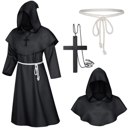 Halloween Wizard Costume Cosplay Medieval Hooded Robe Monk Friar Robes Priest Costume Ancient Costume Clothing Christian Suit