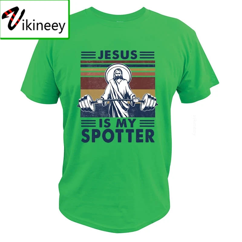 Jesus Is My Spotter T Shirt Gym Workout Weightlifting God Christian Vintage Funny 100% Cotton Summer Clothing