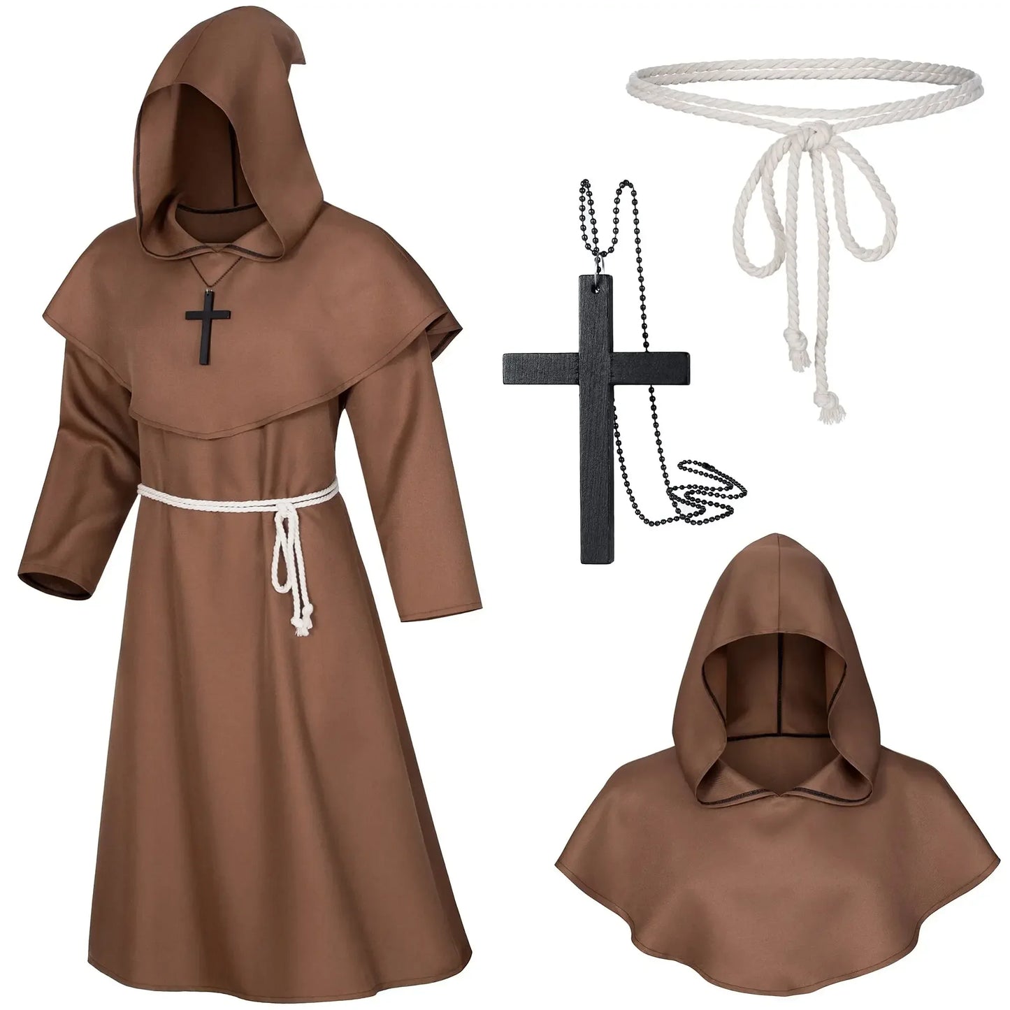 Halloween Wizard Costume Cosplay Medieval Hooded Robe Monk Friar Robes Priest Costume Ancient Costume Clothing Christian Suit