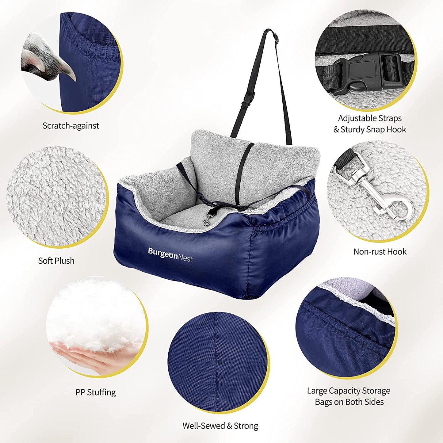 Burgeonnest Dog Car Seat for Small Dogs, Fully Detachable and Washable Cat Carseats under 25 Lbs, Soft Pet Booster Seats with Storage Pockets and Clip-On Leash Portable Car Travel Carrier Bed, Blue