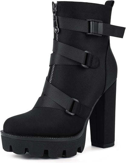 Wetkiss Platform Boots for Women, Heeled Combat Boots Chunky Heel Booties round Toe Lace up High Heel Ankle Boots