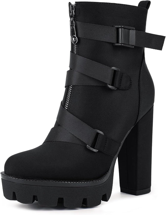 Wetkiss Platform Boots for Women, Heeled Combat Boots Chunky Heel Booties round Toe Lace up High Heel Ankle Boots