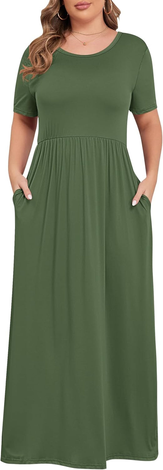 KARALIN Women’S plus Size Maxi Dresses for Curvy Women Summer Casual Short Sleeve 2025 Long Dress 14W-26W