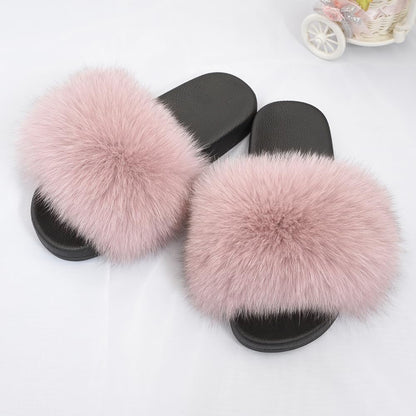 Jancoco Max Real Fox Fur Slides for Women - Fluffy Fur Slippers Open Toe Flat Sandals for Outdoor