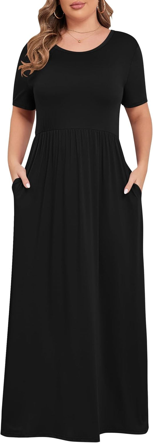 KARALIN Women’S plus Size Maxi Dresses for Curvy Women Summer Casual Short Sleeve 2025 Long Dress 14W-26W