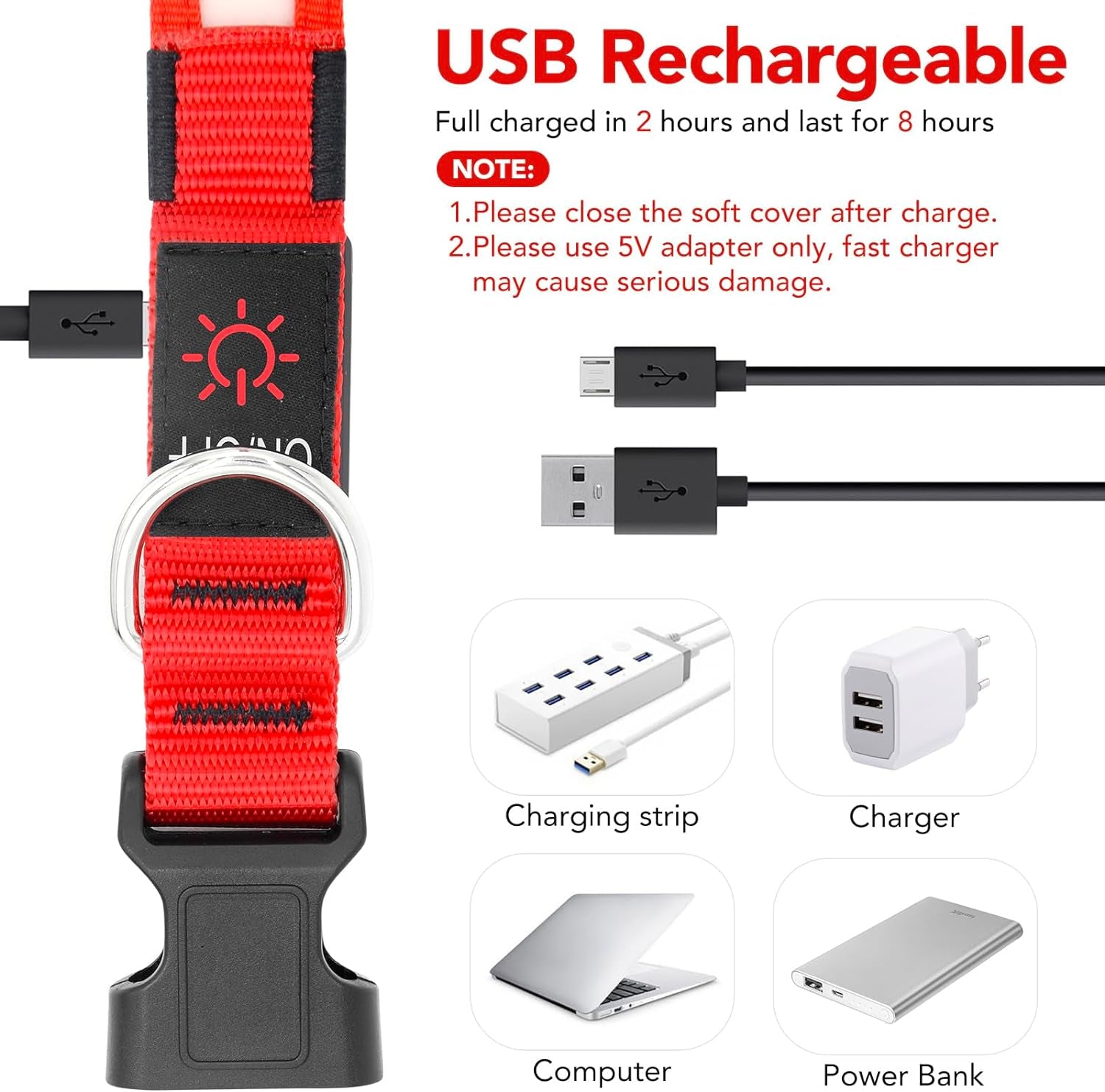 Vizpet LED Dog Collar, Light up Dog Collar Adjustable USB Rechargeable Super Bright Safety Light Glowing Collars for Dogs(Medium,Red)