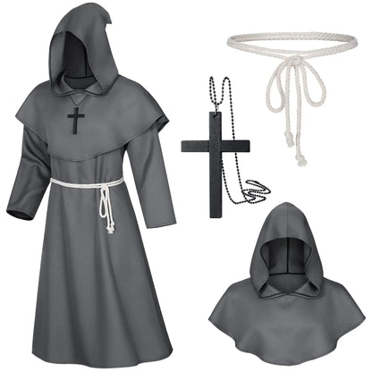 Halloween Wizard Costume Cosplay Medieval Hooded Robe Monk Friar Robes Priest Costume Ancient Costume Clothing Christian Suit