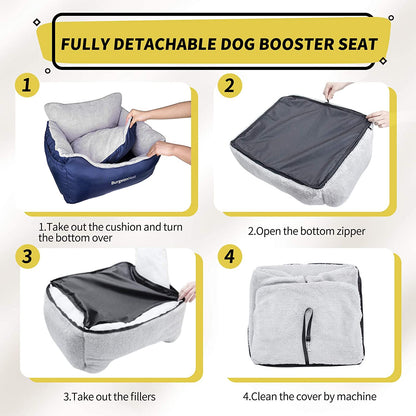 Burgeonnest Dog Car Seat for Small Dogs, Fully Detachable and Washable Cat Carseats under 25 Lbs, Soft Pet Booster Seats with Storage Pockets and Clip-On Leash Portable Car Travel Carrier Bed, Blue