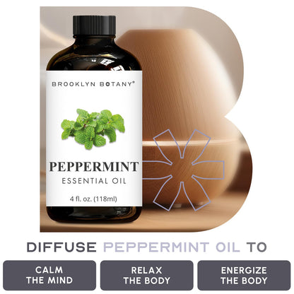 Brooklyn Botany Peppermint Essential Oil - Huge 4 Fl Oz - 100% Pure and Natural - Premium Grade with Dropper - for Aromatherapy and Diffuser